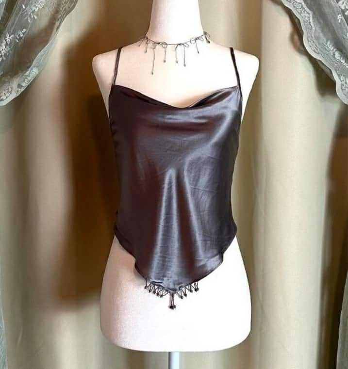 VICTORIA'S SECRET ADJUSTABLE GREY  SILVER SATIN SILK BEADED BACKLESS HALTER CAMI TOP ONE SIZE FITS ALL
