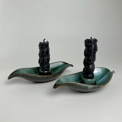 Vintage 1970’s Pair of Blue Mountain Pottery Candle Holders Green & Blue Flow Glaze. Made in Canada