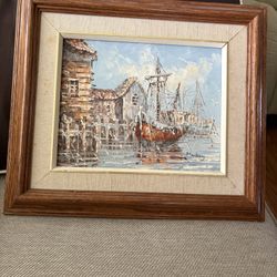 Vtg. Markey Nautical Oil Painting Fishing Boats At Dock 15x13”