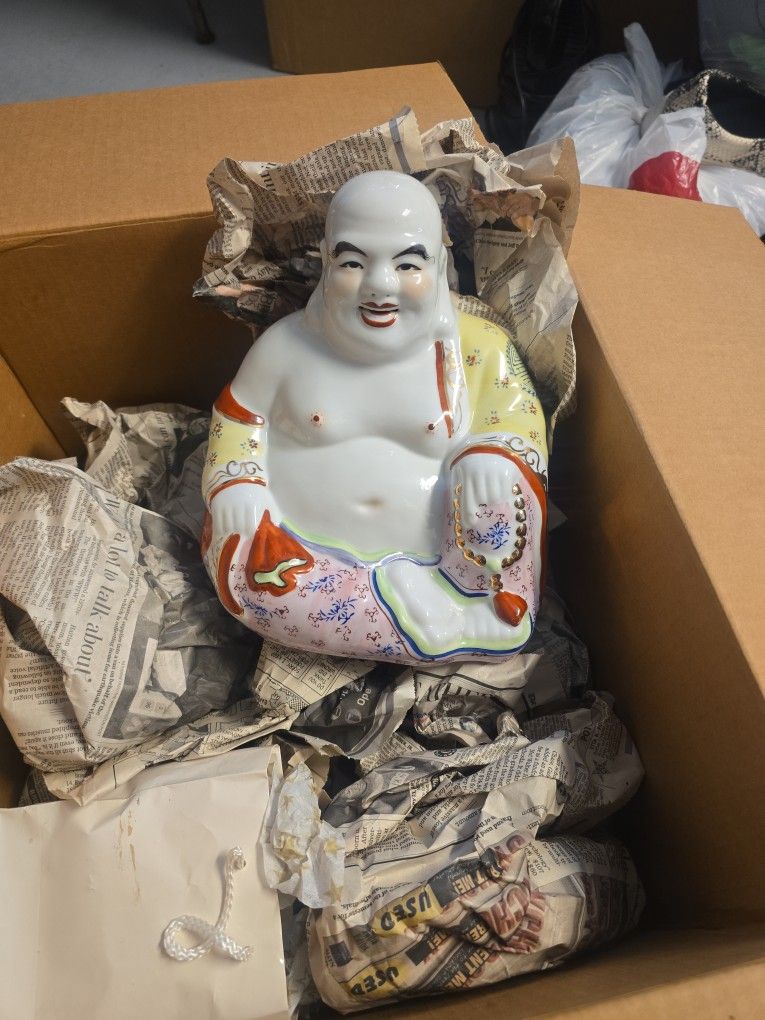 Vintage Large Chinese Asian Porcelain Laughing Buddha Statue