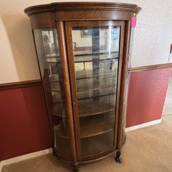 Antique Tiger Oak Curved Glass Curio Cabinet