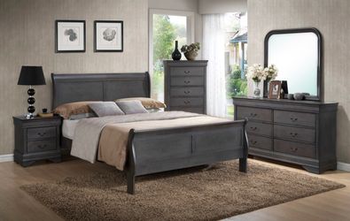 NEW QUEEN SIZE 4 PIECE BEDROOM FURNITURE, SET WITH DRESSER, MIRROR, NIGHTSTAND, QUEEN, BED FRAME, AND FREE DELIVERY PAY UPON ARRIVAL