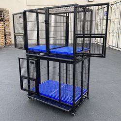 Brand New $250 (Set of 2) Stackable Dog Cage 37x25x64” Heavy Duty Folding Kennel w/ Plastic Tray 