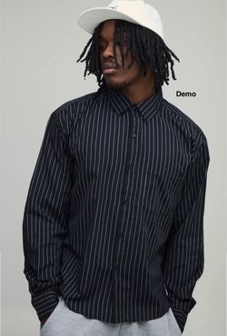 boohooMAN Tall Oversized Boxy Curve Hem B Embroidery Stripe Shirt (Large)