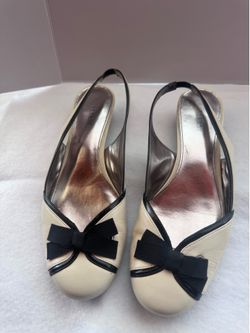 Alfani Kendal Women 9M Cream Black Bow Slingback Low Block Heel Pumps Shoes