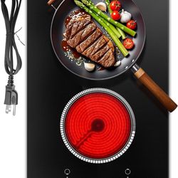 2 Burner Electric Cooktop, 12 Inch Electric Stove Top, 120V Stove Top Burner Knob Control, 2000W Countertop Stove with Timer, 9 Heating Levels, Overhe