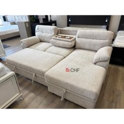 Chenille Fabric Sleeper Sectional Sofa with Right-Facing Chaise, Cupholders, USB Charging port