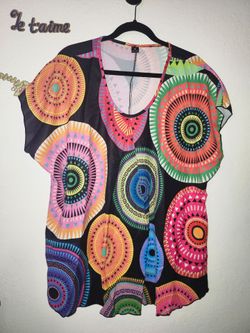 Colorful Mandala Print V-Neck Top 4XL