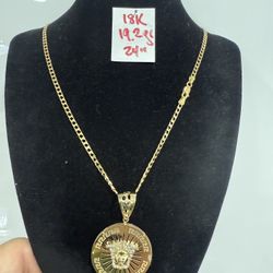 18K Solid Gold Chain and Pendant 19.2Gr 24 Inches Long 