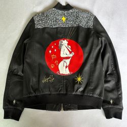 hand painted black allsaints leather bomber jacket / sz med