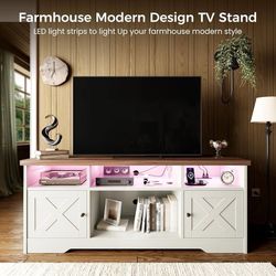 TV Stand for 65 Inch TV, Farmhouse Entertainment Center with Power Outlet & LED Light and Storage Cabinets, Console Table and Media Furnitur