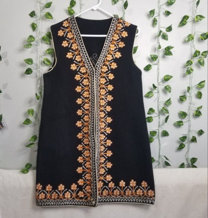 Black Floral Embroidered Bohemian Multicolored Tunic Vest Womens 