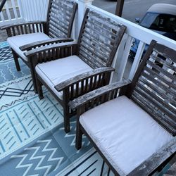 3 Wooden Outdoor Chairs Cushions Like New