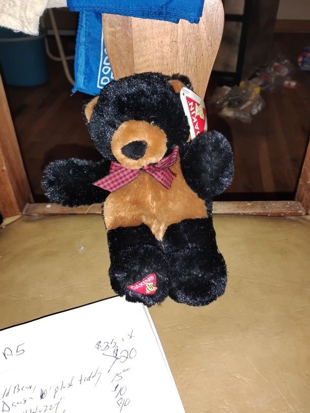 Rare DAKIN Plush 6” Soft Shaggy Black Tan Teddy Bear w/ Plaid Bow 1994 Vtg