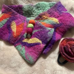 Unique, handmade wet-felted scarf & matching accessory