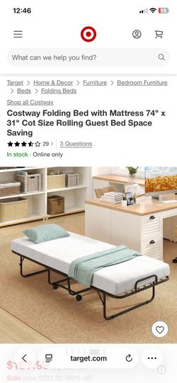 Folding Bed with Mattress 74" x 31" Cot Size Rolling Guest Bed Space Saving