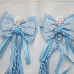 Handmade Elsa 2 hair clip set - Cute Bow and Streamer design for all hair type