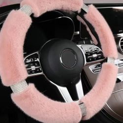 Pink Plush Furry Steering Wheel Cover Bling 