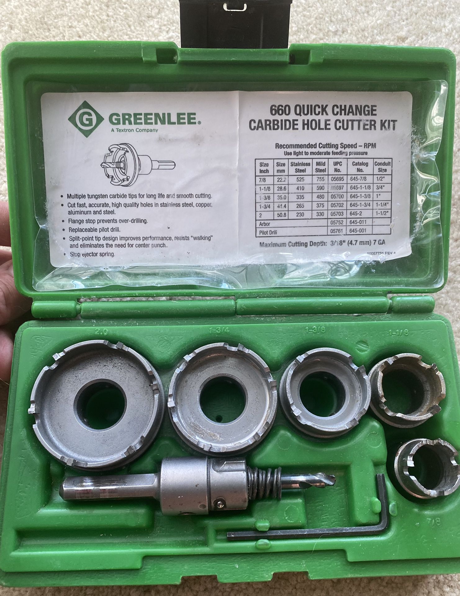Greenlee 660 Quick Change Carbide Hole Cutter Kit
