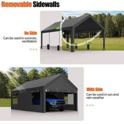 New 10x20ft Carport, Reinforced Steel Poles with Removable Sidewalls and Doors, Roll-Up Windows