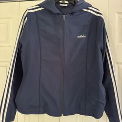 ADIDAS: Women’s FITTED, HOODED TRACK SUIT Jacket, Navy Blue, White Stripes, Lrg, Excellent 