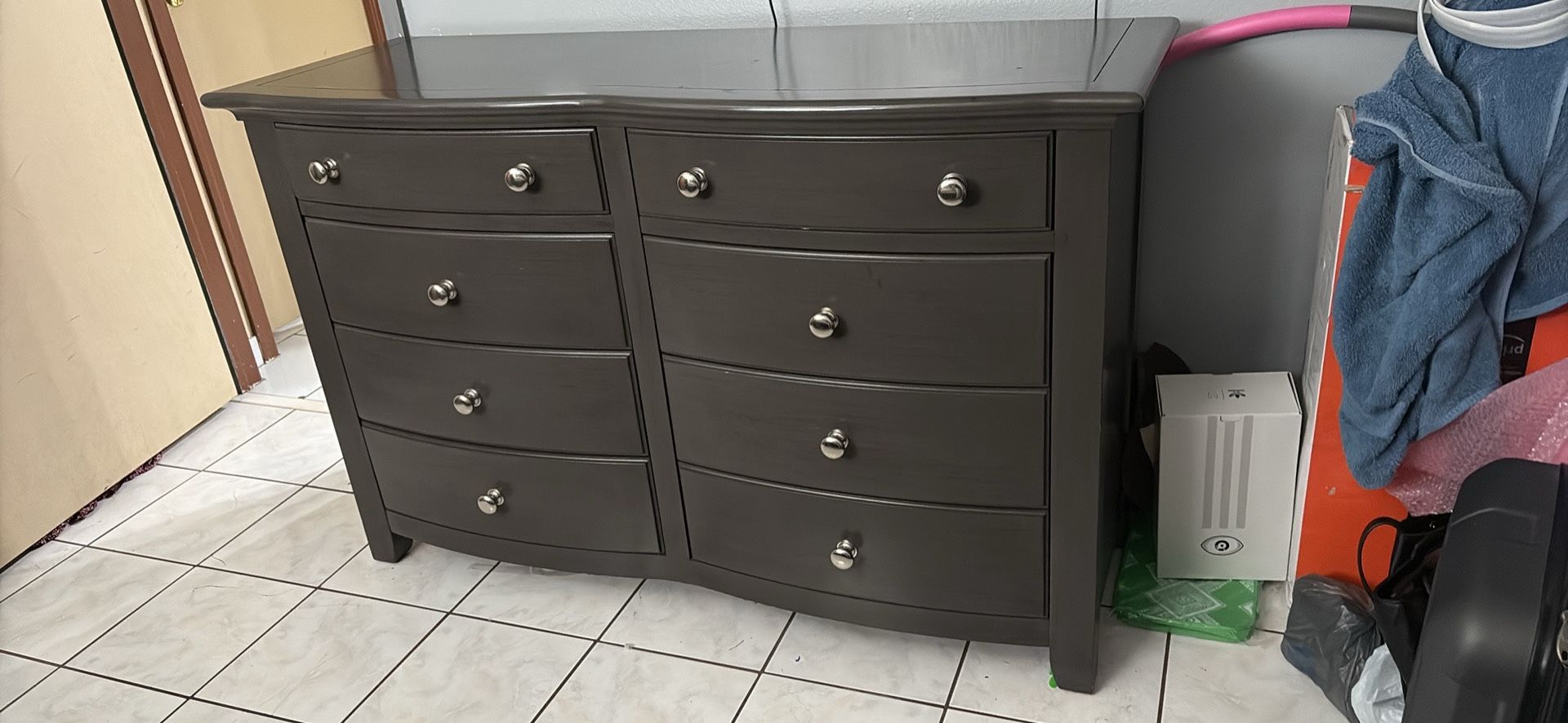 Large Modern Dresser In Dark Grey W/ Silver Hardware