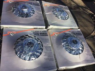 4 New In Box Metal 13” Wire Wheel Hub Covers Chrome