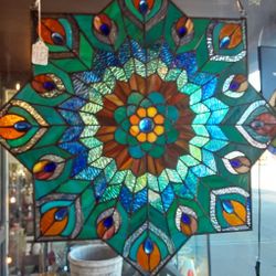 Presley Blue Peacock Stained Glass Window Panel- Located In Shelton 