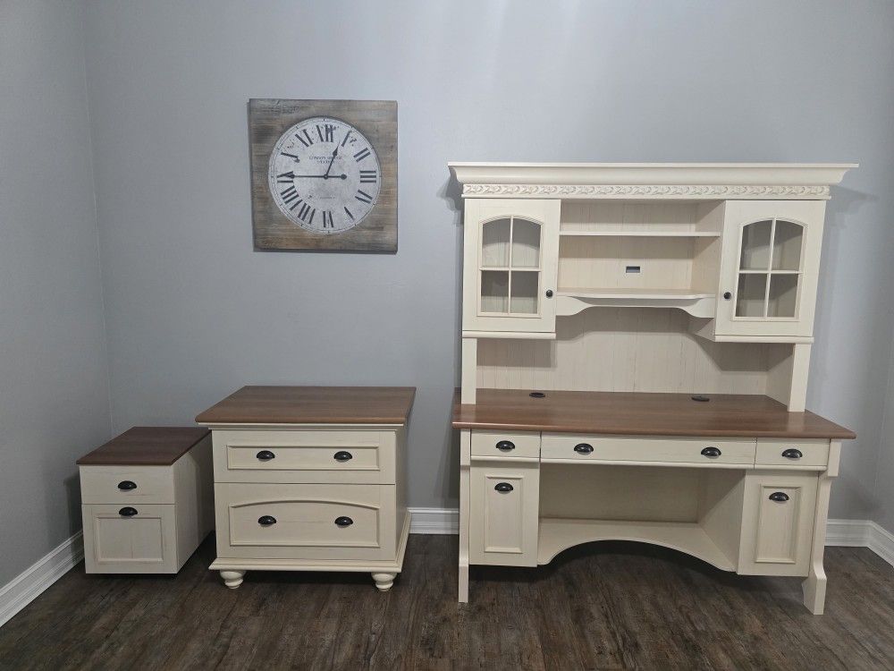 Desk With 2 File Cabinets. The smaller File Cabinet Has Rollers. Desk is 61 1/4" W x 23 5/8 D x 71 3/8 H with Hutch.