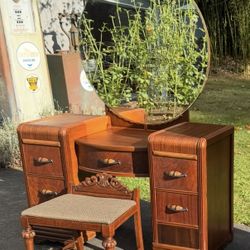Gorgeous 1940’s Waterfall Vanity with Mirror and Sitting Stool