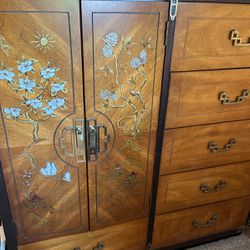 Vintage Asian Inspired Bassett Armoire And Mirrored Dresser Set