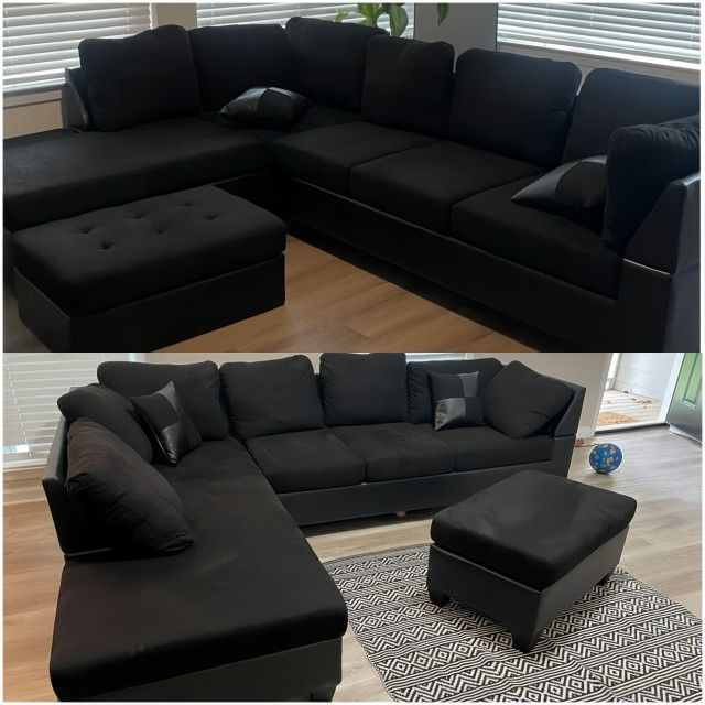 Brand New Black Fabric L Shape Sectional Sofa - Ottoman | Pay After Delivery 🚚