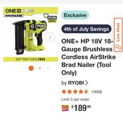 ONE+ HP 18V 18-Gauge Brushless Cordless AirStrike Brad Nailer (Tool Only) by RYOBI >