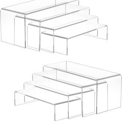 Albumgit Acrylic Display Risers, 8 Pieces Clear Rectangular Tabletop Display Stand for Amiibo Funko POP Figures, Collectibles Jewelry Food Cupcake Des