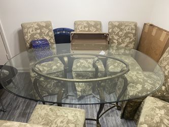 Glass Dining Table Set w/ 6 Chairs + Hot Pad – Solid Condition