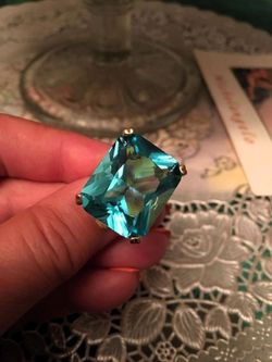Huge Square Rhinestone Sea Blue Emerald Cut Ring - Size 8