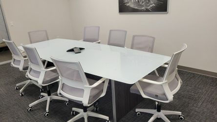 White Glass Conference Table with 8 Chairs