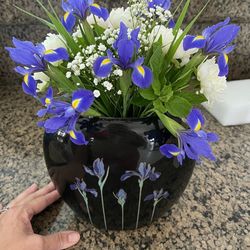 Vintage Otagiri Japan Black Ceramic Vase – Blue Iris Gold Trim 8”