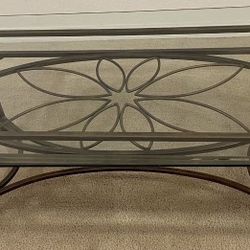 Living Room Glass approx 1/4" thick & Metal Table 17 And Three-Quarter Inches High Glasses 52" Wide By 28" With Matching End Table 23 1/4" tall, glass