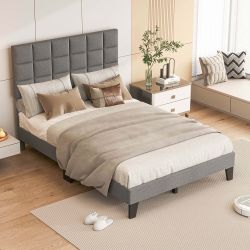 King Size Platform Bed Linen Fabric Upholstered Bed Frame - King