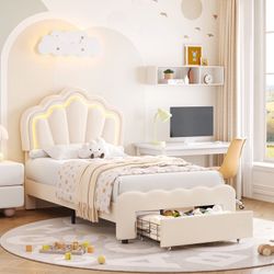 Twin Size Upholstered LED Bed with Drawer & Adjustable Headboard, Kids Beds