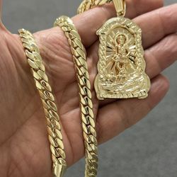 14k Premium Gold Plated Saint Lazaro Pendant And Cuban Necklace 