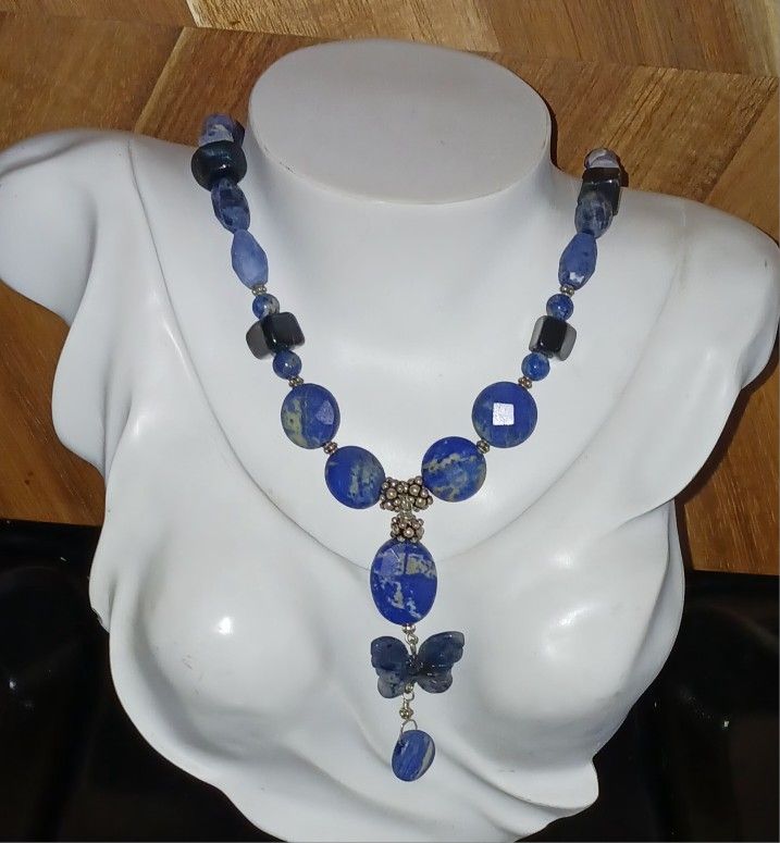 Vintage Sodalite Butterfly And Beads, 925ss Beads 23" Necklace