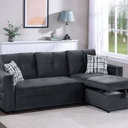 ✅️✅️2 pc black velvet sectional sofa set pull out sleep area with reversible pop up storage chaise nail head trim tufted accents✅️