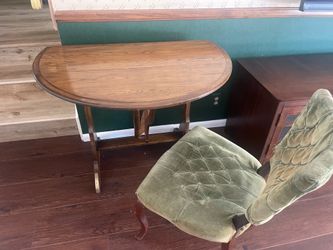 Folding Top Table approximately 100 years old + Green Fabric Chair
