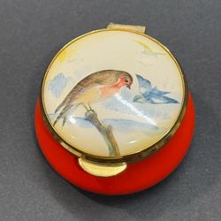 Vintage Red Enamel Pill Box with Robin Bird Lid