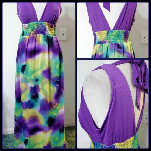 NEW WITHOUT TAGS PURPLE YELLOW GREEN PEACOCK LONG HALTER MAXI DRESS SIZE MEDIUM LARGE M-L HIGH QUALITY