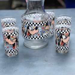 Vintage Anchor Hocking Walt Disney Goofy Carafe And 5Glasses 