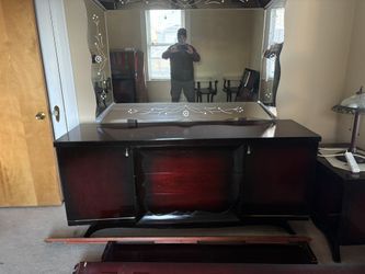 Vintage Cherry Bureau With Floral Decorated Mirror 