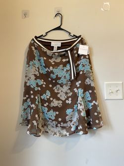 Sag Harbor Midi Skirt Brown Blue Floral Chiffon Flowy Asymmetric Sz 14 MSRP:$36
